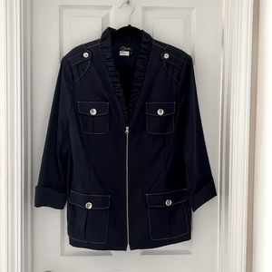 Navy Blue Zip up Blazer. Cotton, Nylon and Spandex.